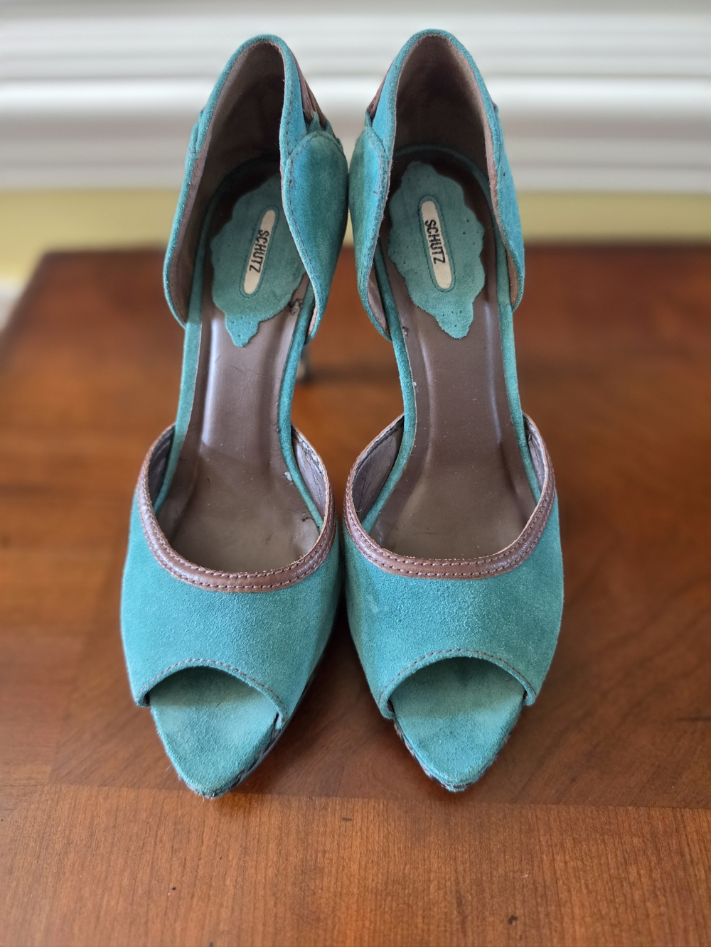 SCHUTZ Teal Suede Peep-Toe Heels with Brown Trim